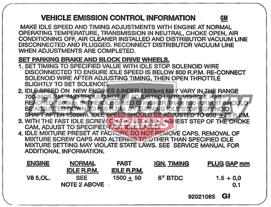 Holden Commodore V8 Emission Control Decal VH VK 5.0 Litre Inc Hdt sticker label - 92021085