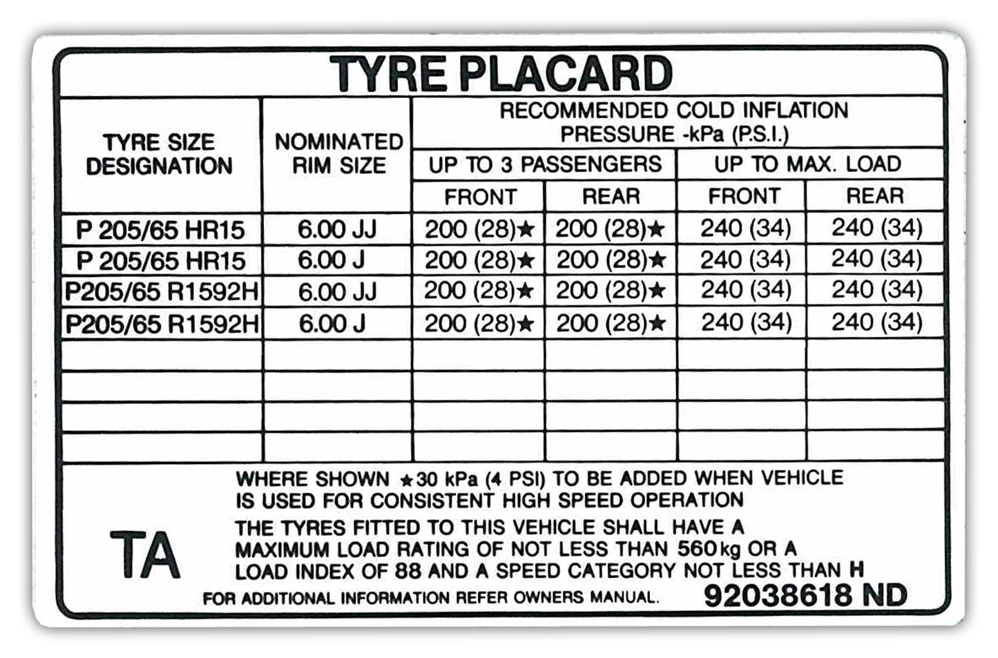 "Holden Commodore Tyre Placard Decal VN V6 BT1 FE2 with 6"x15" wheels sticker - 92038618A"