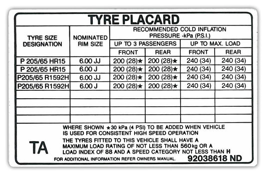"Holden Commodore Tyre Placard Decal VN V6 BT1 FE2 with 6"x15" wheels sticker - 92038618A"