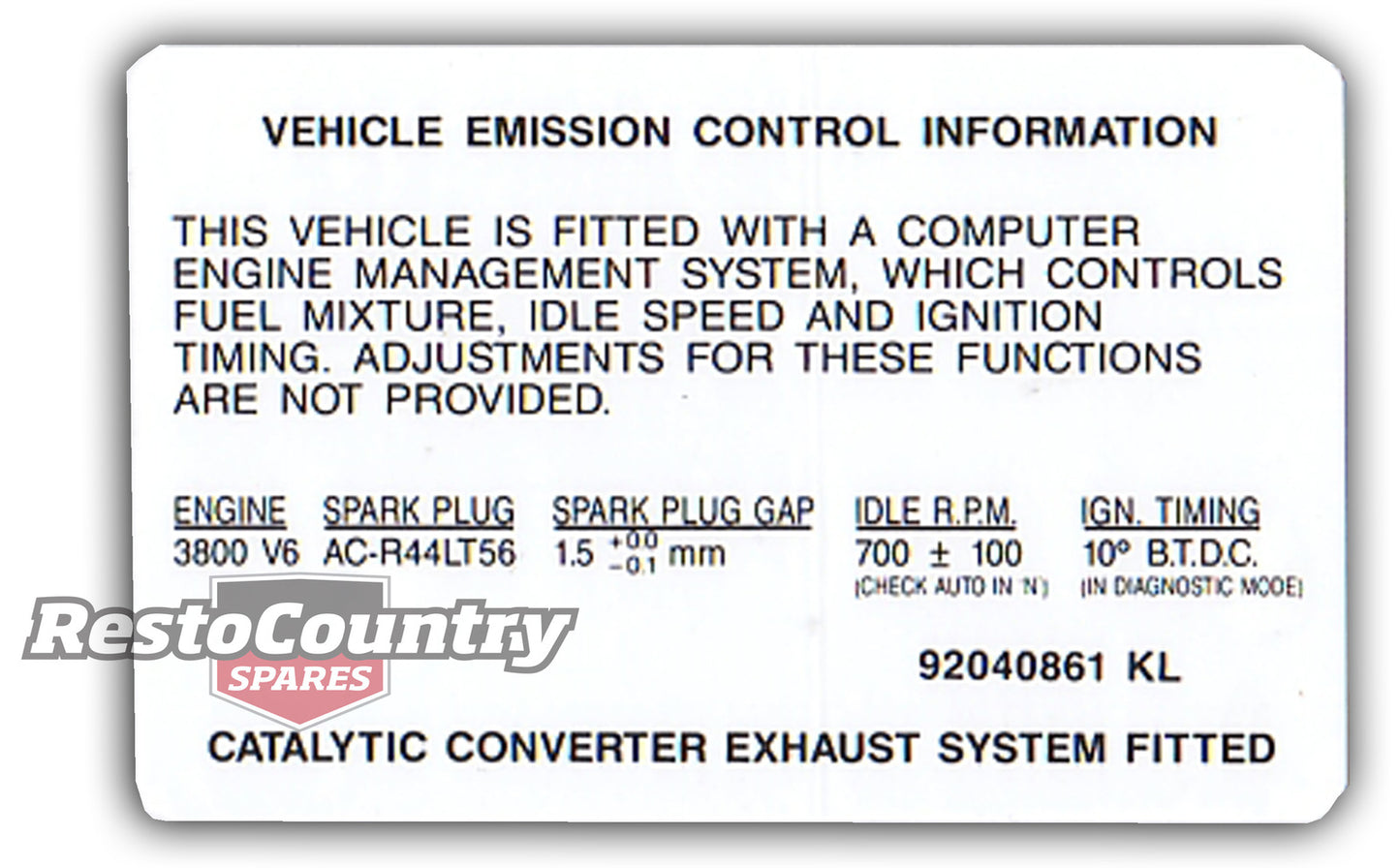 Holden Commodore Emission Control Decal VN Series 2. VP V6 sticker label - 92040861