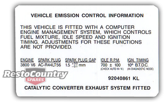Holden Commodore Emission Control Decal VN Series 2. VP V6 sticker label - 92040861