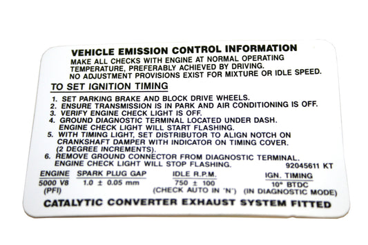 Holden Commodore Engine Emission Control Decal VP VR VS V8 sticker exhaust - 92045611