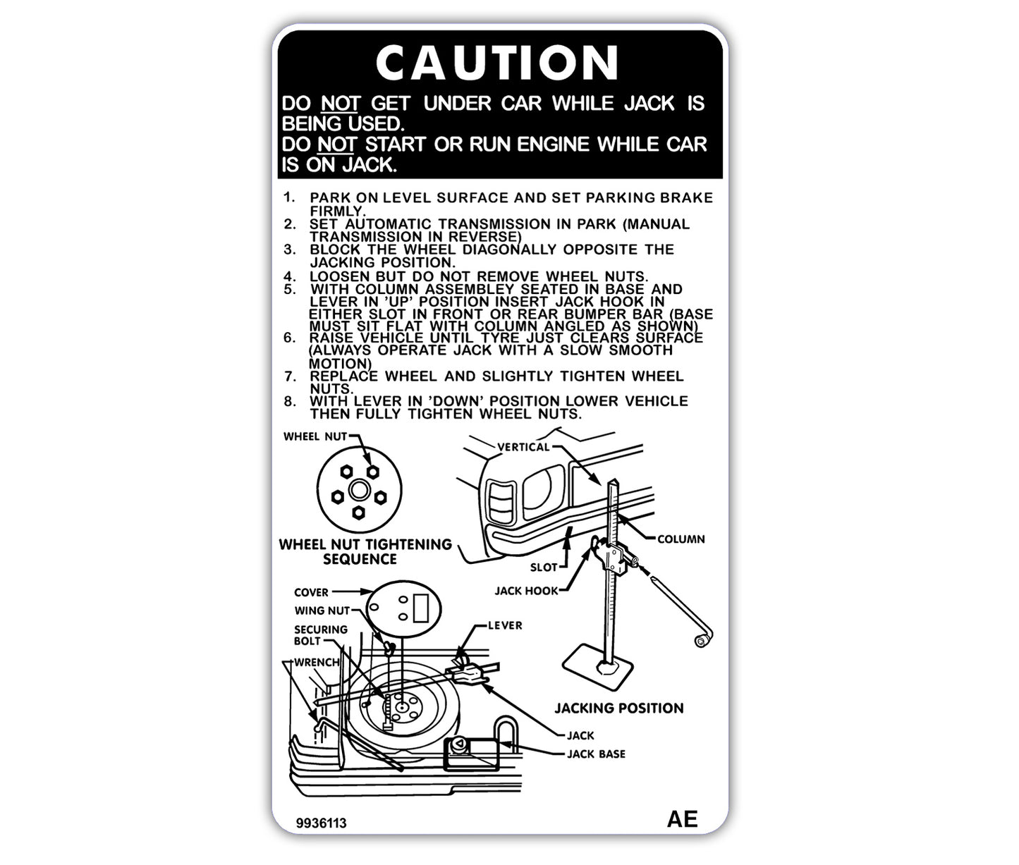 Holden HZ Jacking Instructions Decal jack sticker spare tyre label - 9936113