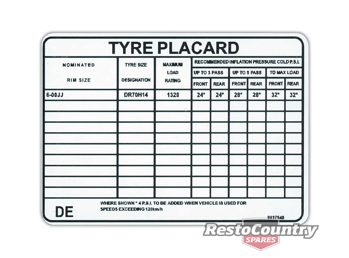 Holden Torana V8 Tyre Placard Decal LH L34 Engine LX A9X wheel rim sticker label - 9937548