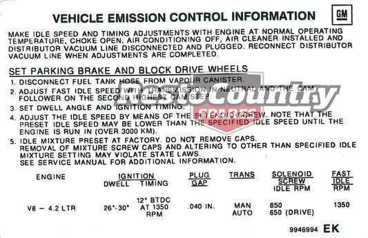 Holden V8 Emission Decal LX Torana HZ + VB 4.2 Litre 253 sticker label timing - 9946994