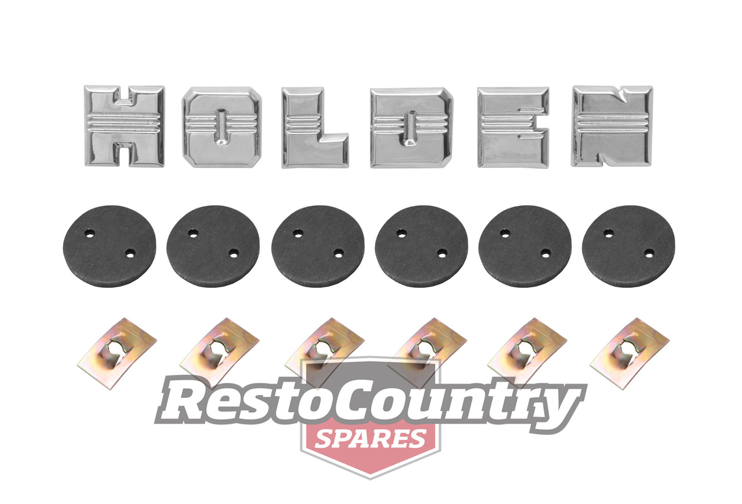 Holden FX Badge Letter Set + Clips + Seals -H O L D E N- Bonnet or Boot emblem - B1082