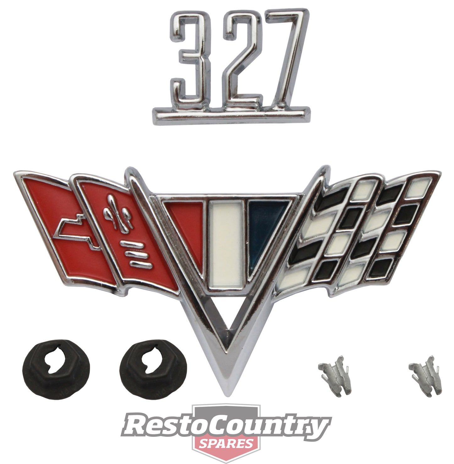 Holden HK Emblem / Badge - 327 - +Flags +Clips V8 Monaro GTS Sedan Coupe Chev - B1083