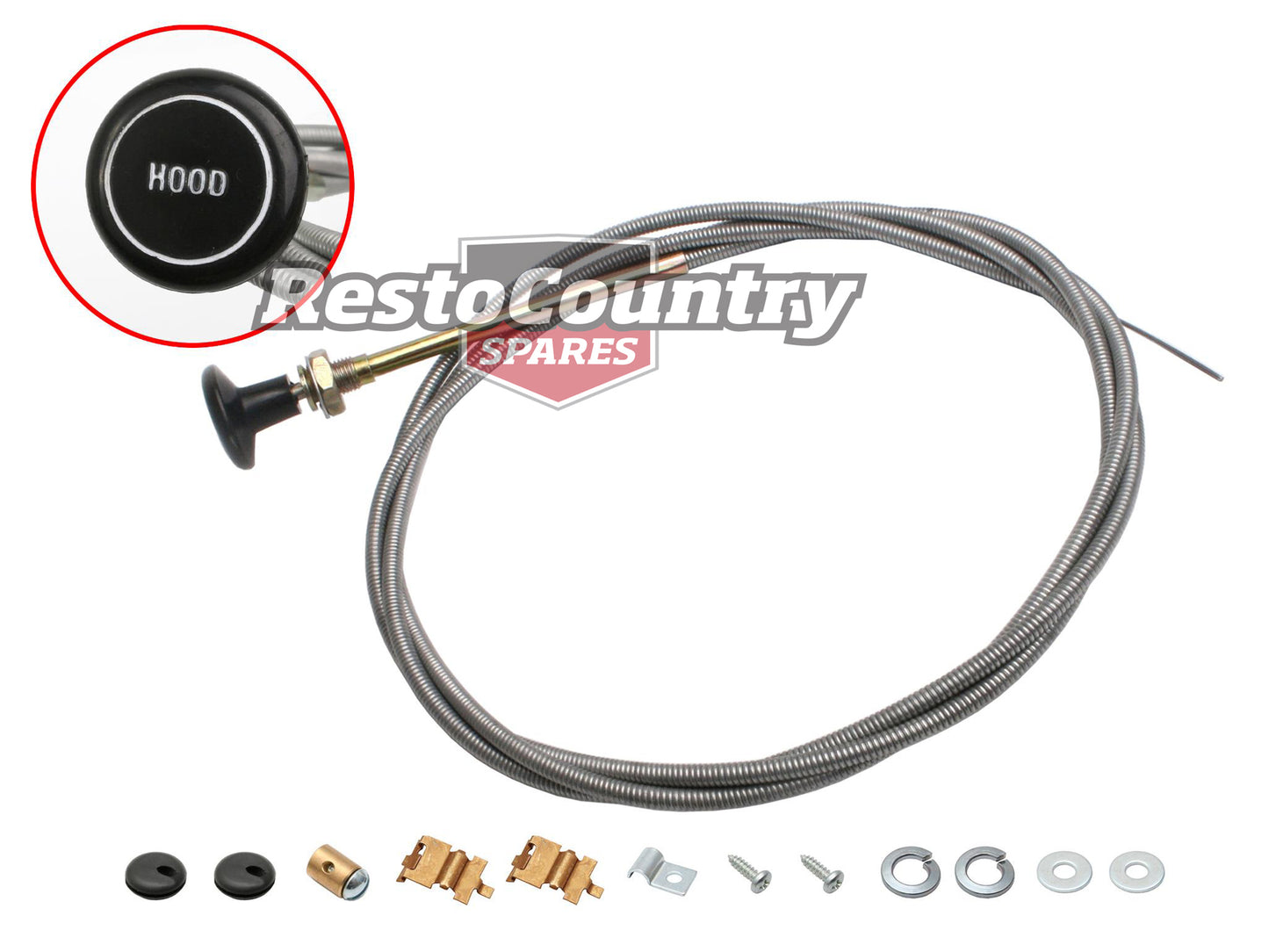 Holden Bonnet Release Cable + Fitting Kit + Grommet HK HT HG Chrome Stamped - BC1002