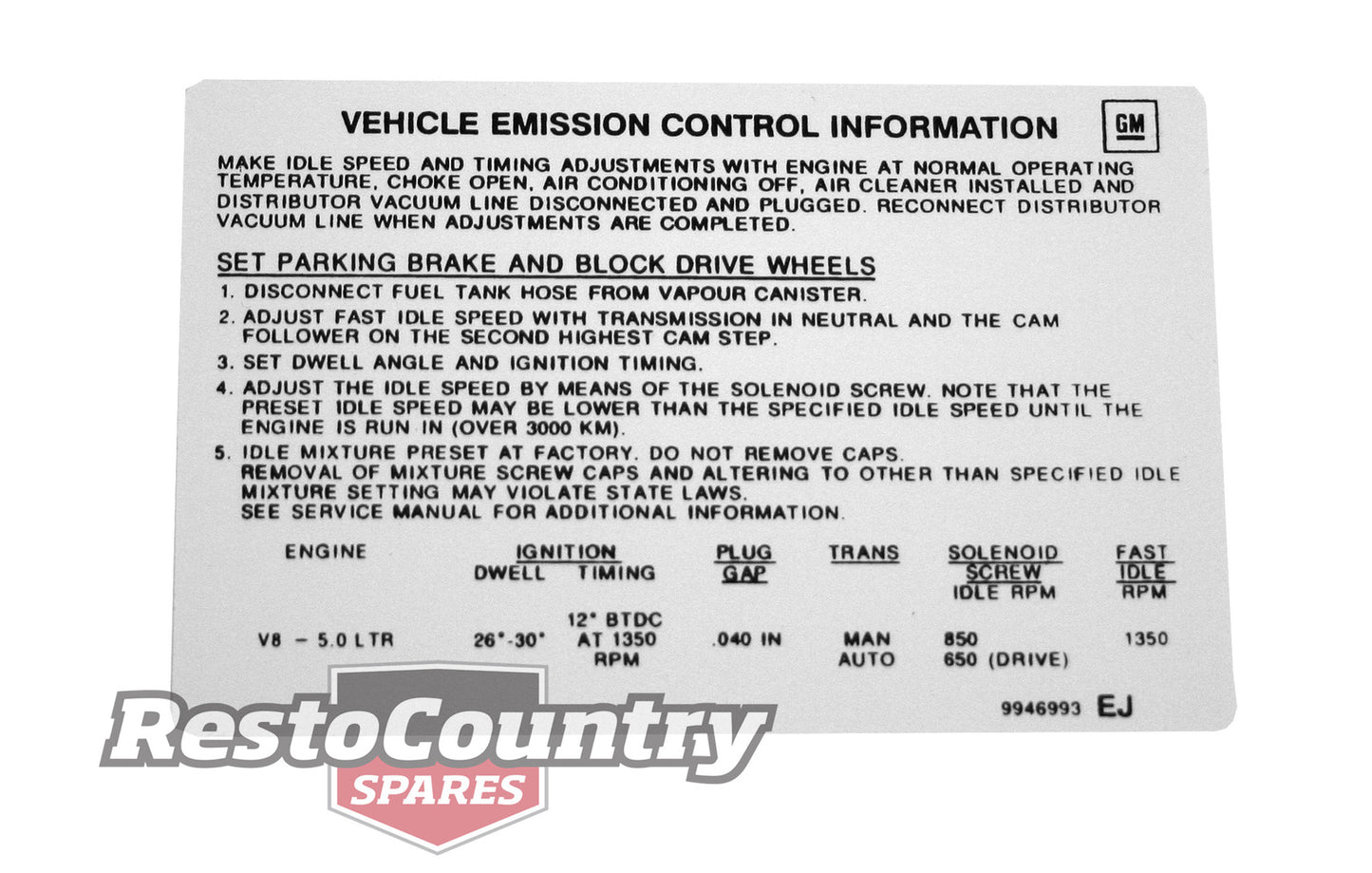 Holden Emission Control Decal LX Torana HZ & VB 5 Litre 5.0 sticker label - BD1046