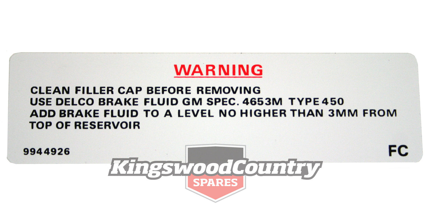 Holden Torana Decal - WARNING CLEAN FILLER CAP - LX Delco brake fluid - BD1056