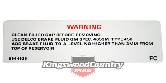 Holden Torana Decal - WARNING CLEAN FILLER CAP - LX Delco brake fluid - BD1056