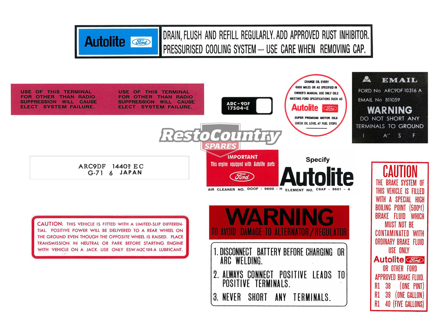 Ford Engine Bay Decal kit XY GT Autolite Warning Emission Battery Caution - BD2001