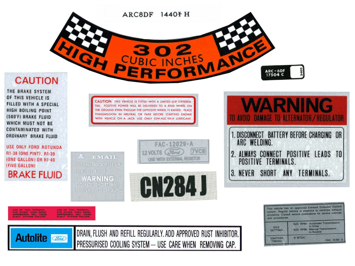 Ford Engine Bay Decal Kit XT GT 302 high performance autolite warning sticker - BD2034