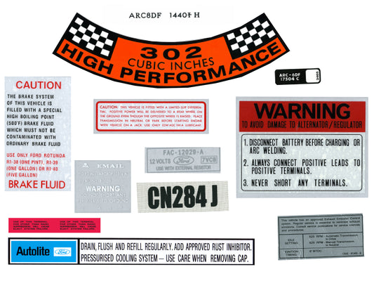 Ford Engine Bay Decal Kit XT GT 302 high performance autolite warning sticker - BD2034