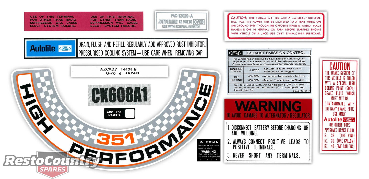 Ford XW GT 351 / Cleveland 4V Engine Bay Decal Kit 12 Pieces sticker air cleaner - BD2035