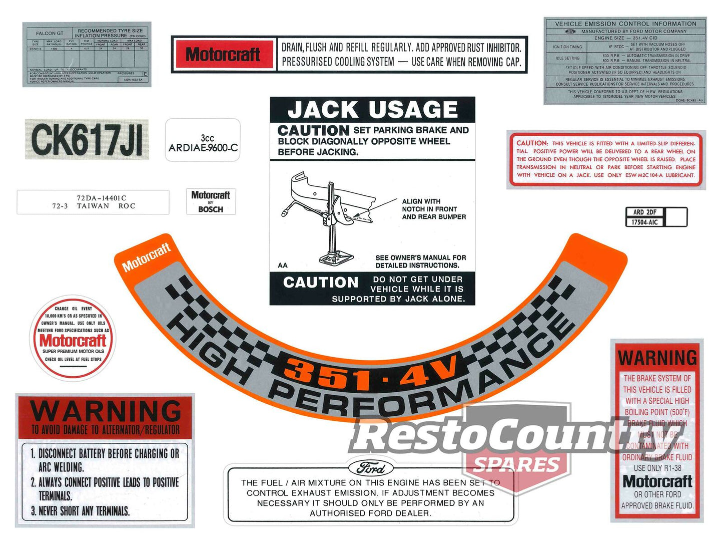 Ford Engine Bay Decal /Sticker Kit XA GT 351 warning jack motorcraft emission - BD2036