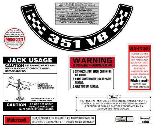 Ford Decal Kit XA ZF 351 V8 With Small Air Cleaner sticker jack motorcraft - BD2070