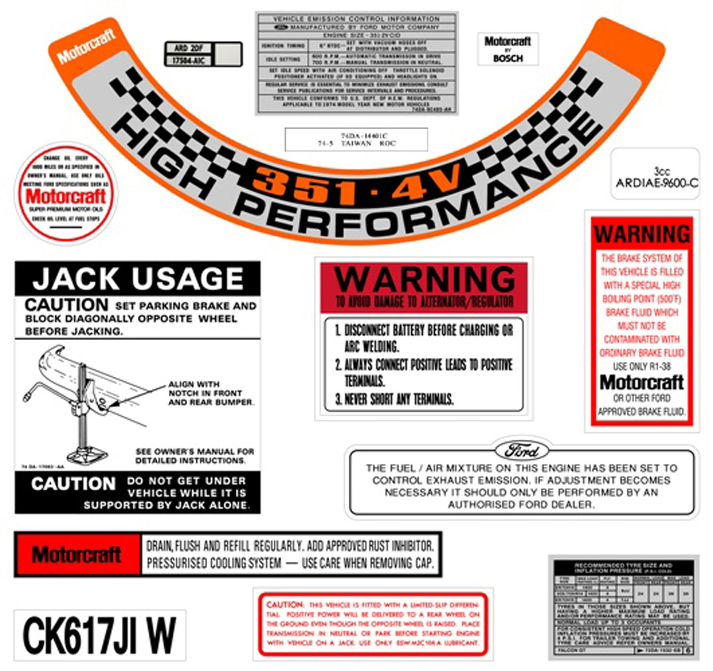 Ford Decal Kit XB GT 351 V8 sticker jack motorcraft warning label - BD2071
