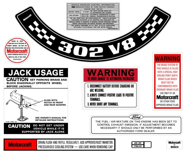 Ford Decal Kit XB ZG 302 V8 With Large Air Cleaner sticker jack motorcraft - BD2072L