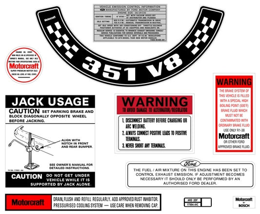 Ford Decal Kit XB ZG 351 V8 With Small Air Cleaner sticker jack motorcraft - BD2073
