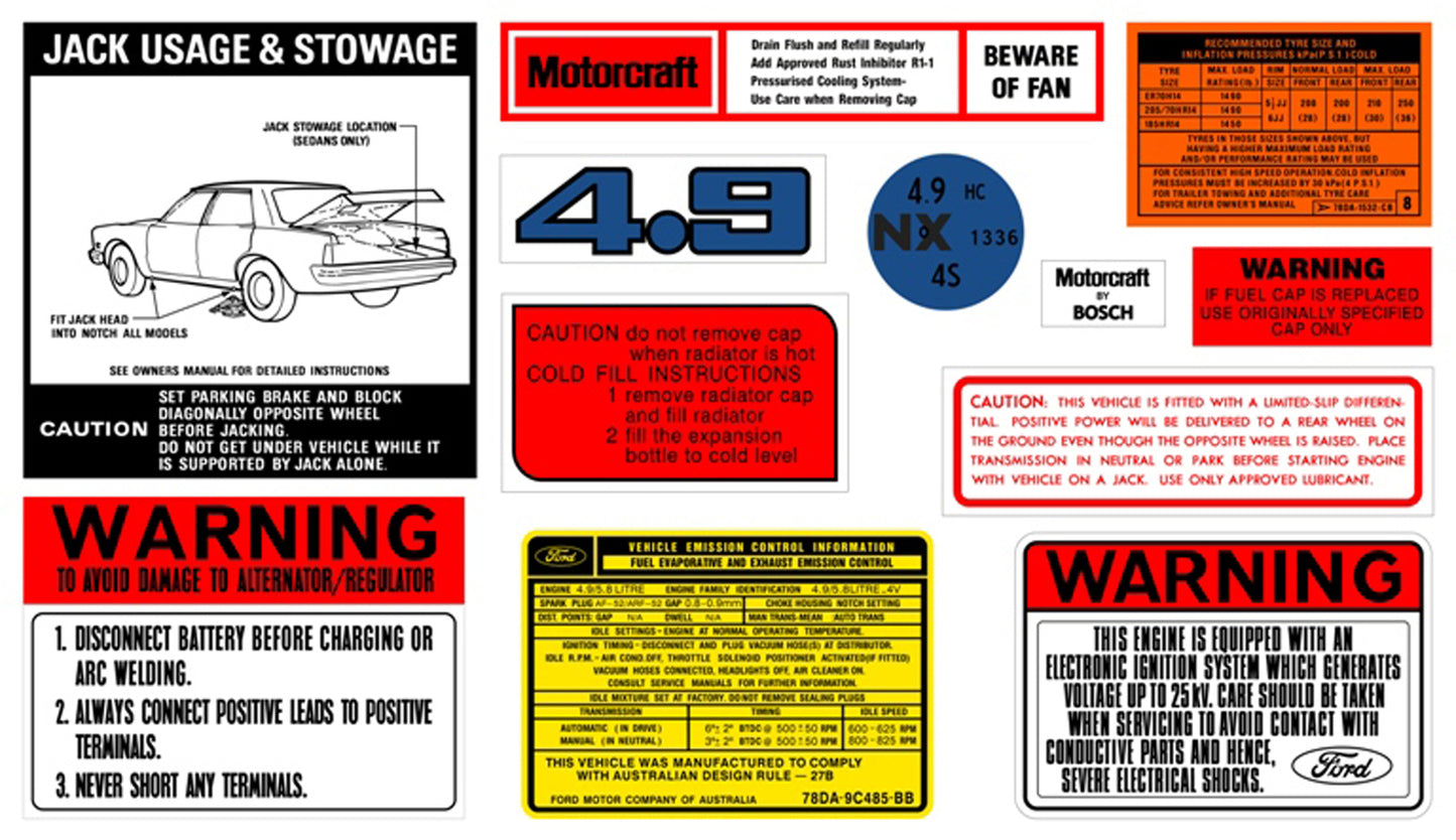 Ford Decal Kit XD ZJ 4.9 V8 jack motorcraft warning sticker label - BD2076