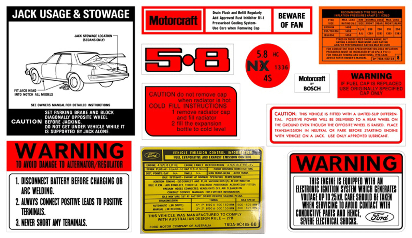 Ford Decal Kit XD ZJ 5.8 V8 jack motorcraft warning sticker label - BD2077