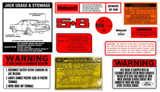 Ford Decal Kit XD ZJ 5.8 V8 jack motorcraft warning sticker label - BD2077