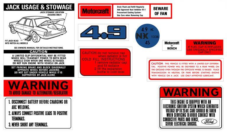 Ford Decal Kit XE ZK 4.9 V8 jack motorcraft warning sticker label - BD2078