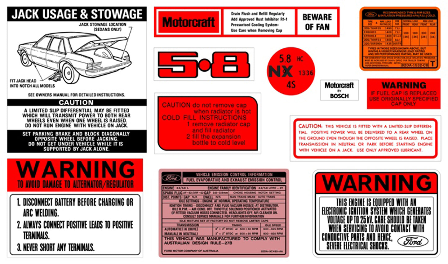 Ford Decal Kit XE ZK 5.8 V8 jack motorcraft warning sticker label - BD2079