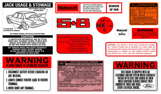 Ford Decal Kit XE ZK 5.8 V8 jack motorcraft warning sticker label - BD2079