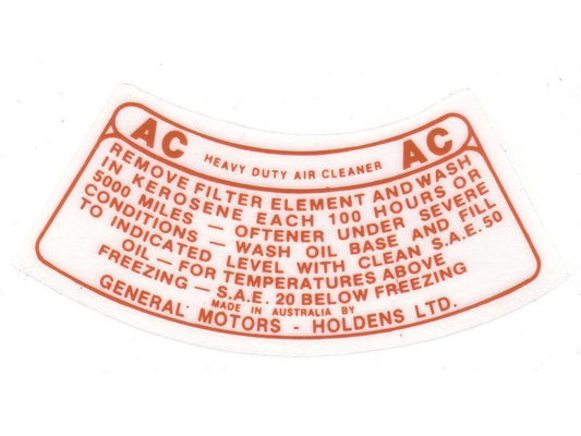 Holden Heavy Duty Air Cleaner Decal AC Brown FE Early FC engine sticker - DAC3