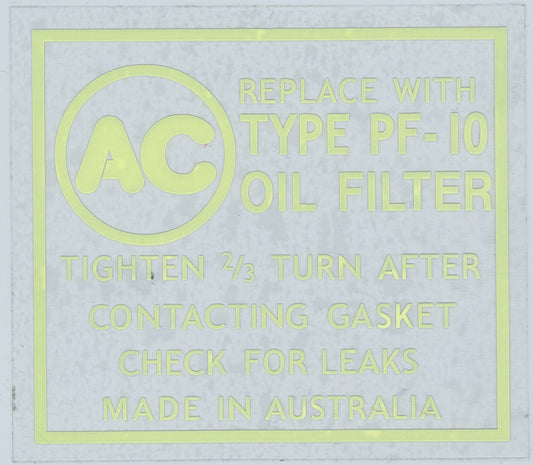 Holden Oil Filter Decal Pf10 Ac Yellow/ Black EH HD HR HK - WB Torana LC - UC - DOF003