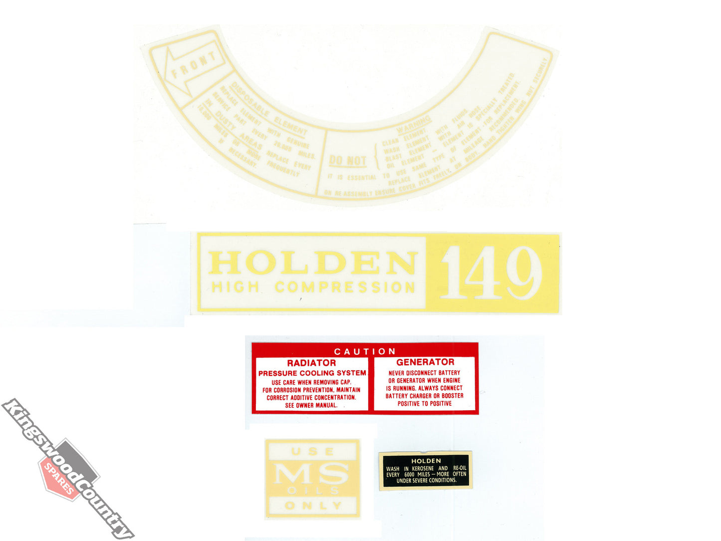 Holden HD 149 Hi Compression Engine Decal Kit +Oil Cap Radiator Caution MS Only - ED1003