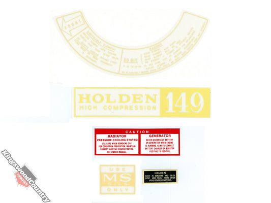 Holden HD 149 Hi Compression Engine Decal Kit +Oil Cap Radiator Caution MS Only - ED1003