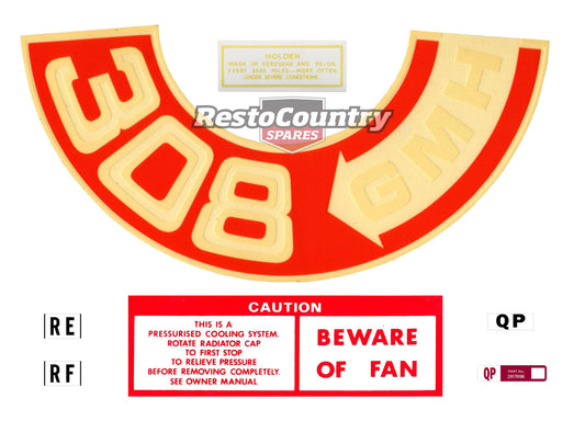 Holden Engine Bay Decal Kit HQ '308 GMH' + Beware of Fan + Oil + Wiper + Horn - ED1007