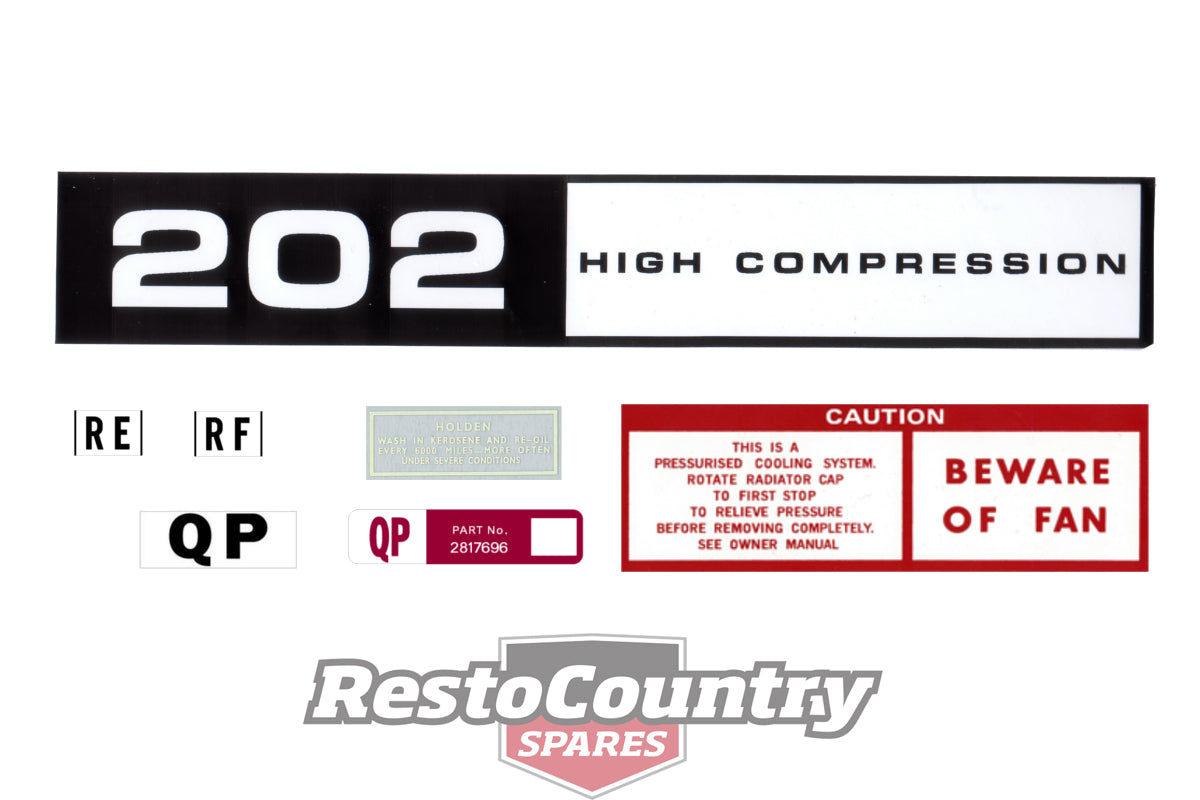 Holden HQ 202 High Compression Engine Rocker Cover Decals +Beware Fan Oil Wiper Horn - ED1007A