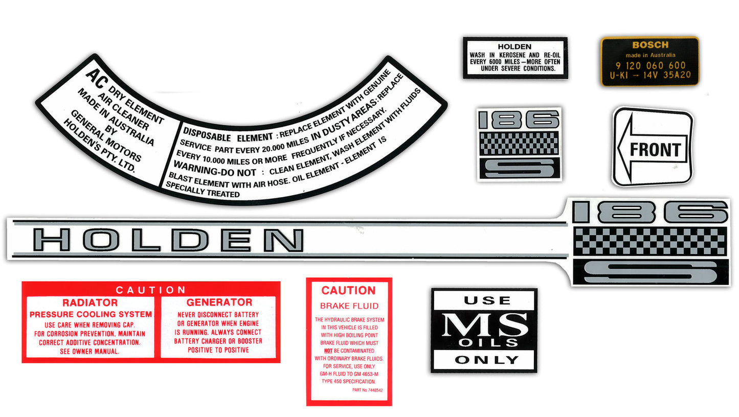Holden - 186S - Engine Decal Kit HR HK HT HG Air Cleaner Oil Radiator Caution - ED1010
