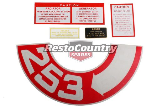 Holden HT HG V8 253 Engine Decals -GMH- Air Cleaner +Alt +Caution +Brake Fluid - ED1011