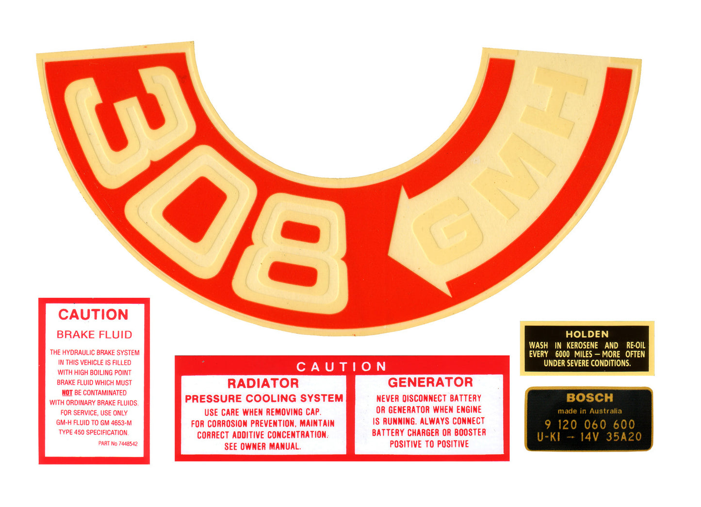 Holden HT HG V8 308 Engine Decals -GMH- Air Cleaner +Alt +Caution +Brake Fluid - ED1012