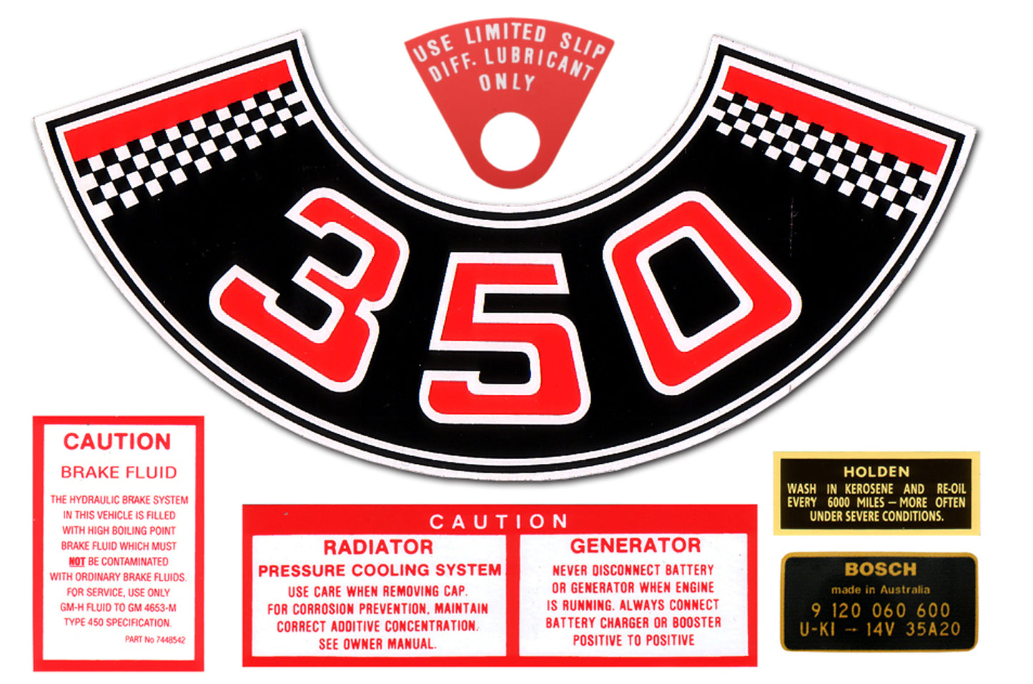 Holden Engine Bay + Diff Tab Decal Kit HT HG 350 Chev air cleaner sticker - ED1013
