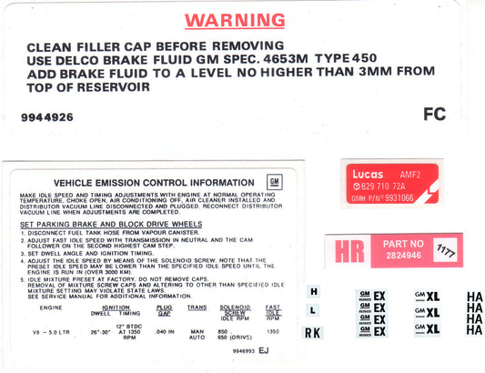Holden Torana LX 5.0 ltr V8 Engine Decals +Oil Filler +Emission +Alternator - ED1014