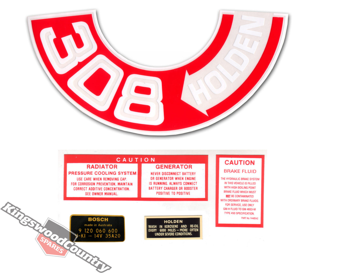 Holden HT HG V8 308 -HOLDEN-  Air Cleaner + Oil +Fan Brake Fluid Decal Kit - ED1017