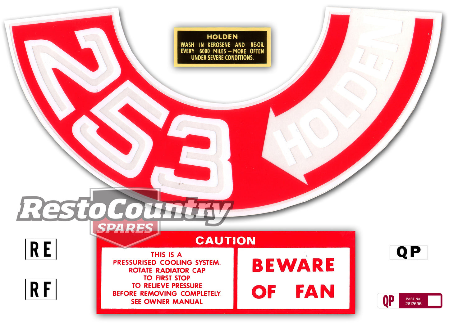 Holden HQ V8 Engine Decal Kit -253 HOLDEN- Air Cleaner + Beware Of Fan + Oil Cap - ED1020