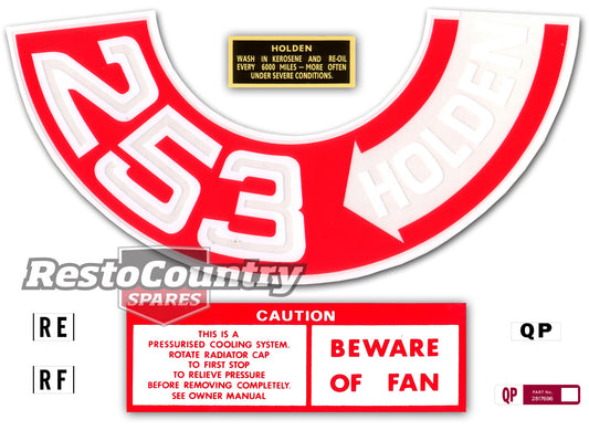 Holden HQ V8 Engine Decal Kit -253 HOLDEN- Air Cleaner + Beware Of Fan + Oil Cap - ED1020