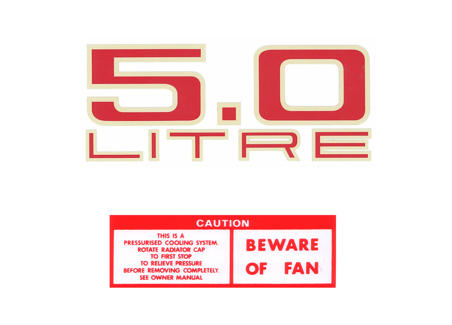Holden HJ Torana LH V8 Engine Decals -5.0 LITRE GMH- Air Cleaner +Beware of Fan - ED1022