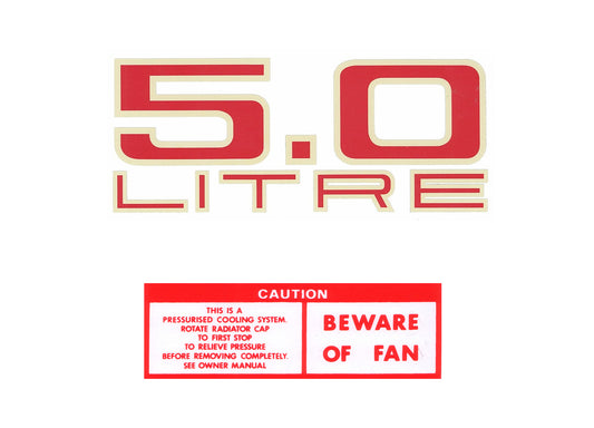 Holden HJ Torana LH V8 Engine Decals -5.0 LITRE GMH- Air Cleaner +Beware of Fan - ED1022