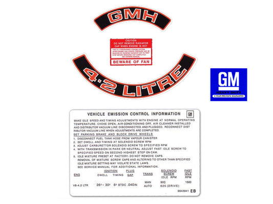 Holden HZ WB VB V8 Engine Decals -4.2 LITRE GMH- Air Cleaner +Beware +Emission - ED1023