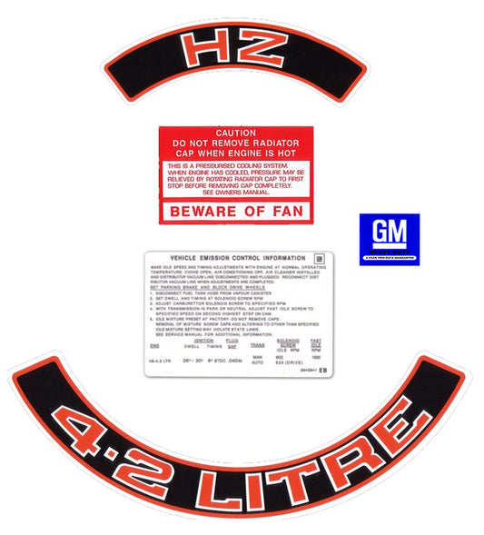 Holden HZ Engine Decals -4.2 LITRE HZ- Air Cleaner +Beware Fan +Emission Control - ED1025