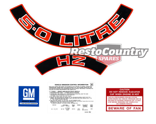 Holden Engine Decal Kit RED - HZ 5.0 Litre - V8 Engine +Beware Fan +Emission +GM - ED1026
