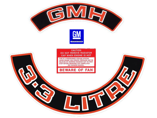 "Holden 6Cyl Engine Bay Decal Kit Red "GMH" "3.3 Litre" HZ VB air cleaner sticker - ED1028"